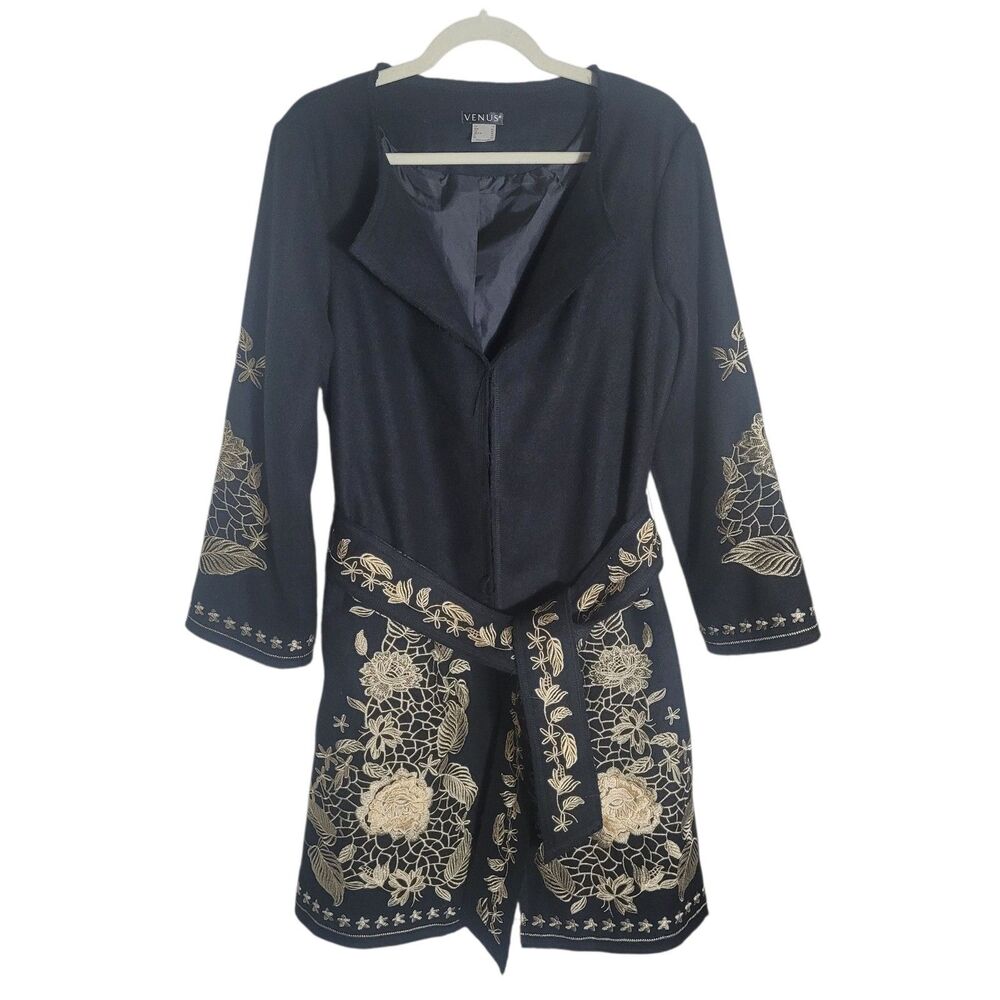 Venus Floral Embroidered Trench Coat Women's 14 Black Belted Whimsigoth‎ Fairy